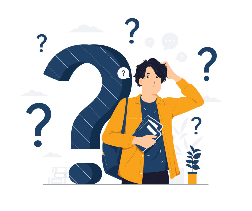 Male Student feeling confused while looking up with thoughtful focused expression, Questioned, thinking, and curious with question mark concept illustration